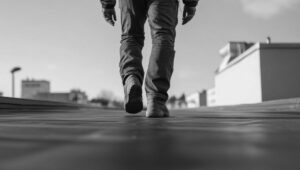 Worker Walking on Flat Roof